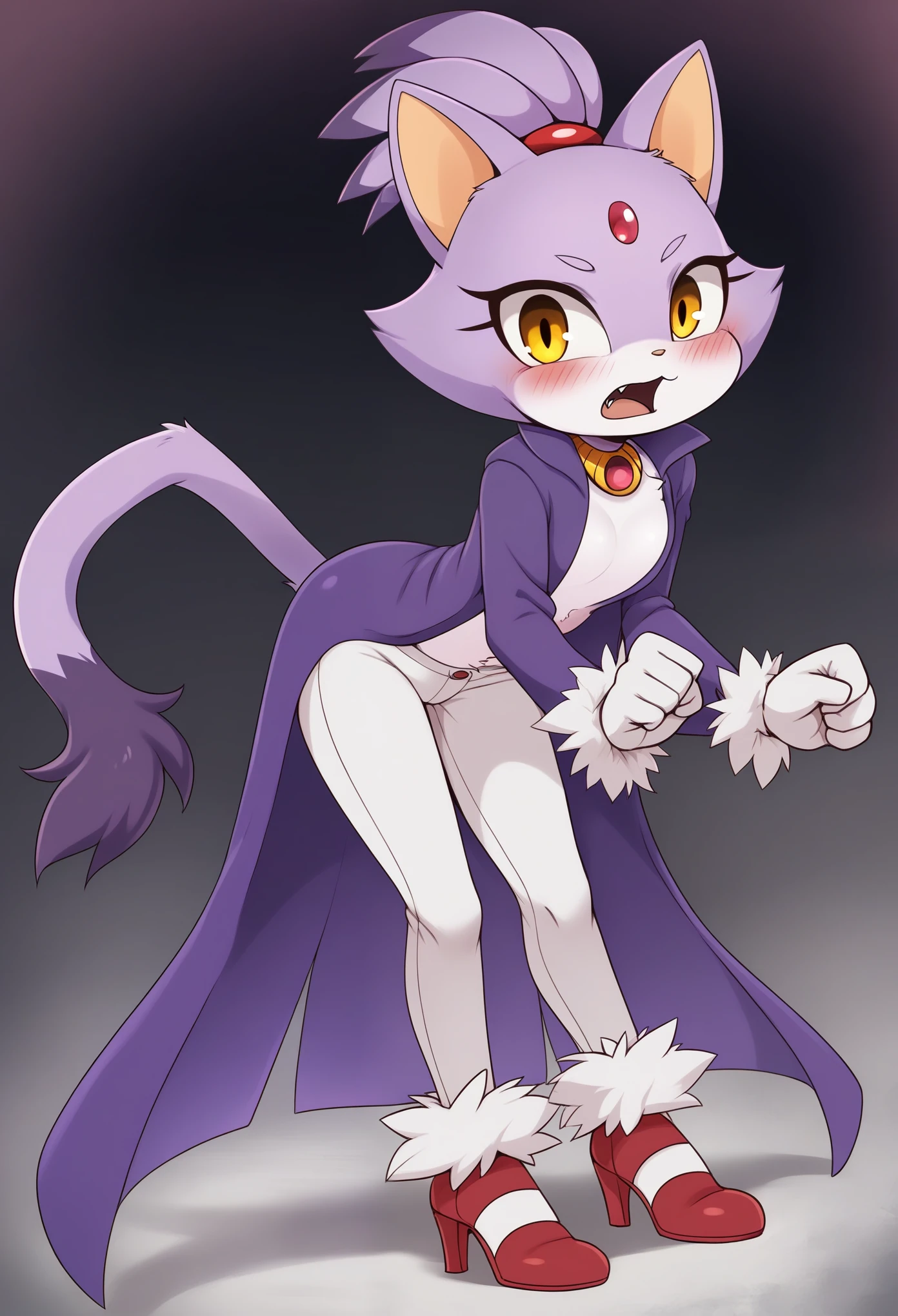 Blaze the cat, mouth open, 1girl, gloves, forehead_jewel, fur-trimmed_gloves, furry_female, solo, furry, animal_ears, simple_background, yellow_eyes, fur_trim, topknot, tail, high_heels, cat_girl, white_gloves, cat_ears, cat_tail, standing, full_body, flat_chest, purple_hair, fur-trimmed_footwear, black_background, multicolored_hair, arms_at_sides, white_pants, hair_tie, purple_coat, clenched_hands, looking_at_viewer, two-tone_hair, body_fur, pants, animal_nose, shoes, short_hair, coat, shiny, gem, red_footwear, long_sleeves, blush, leaning_foward, bent_over