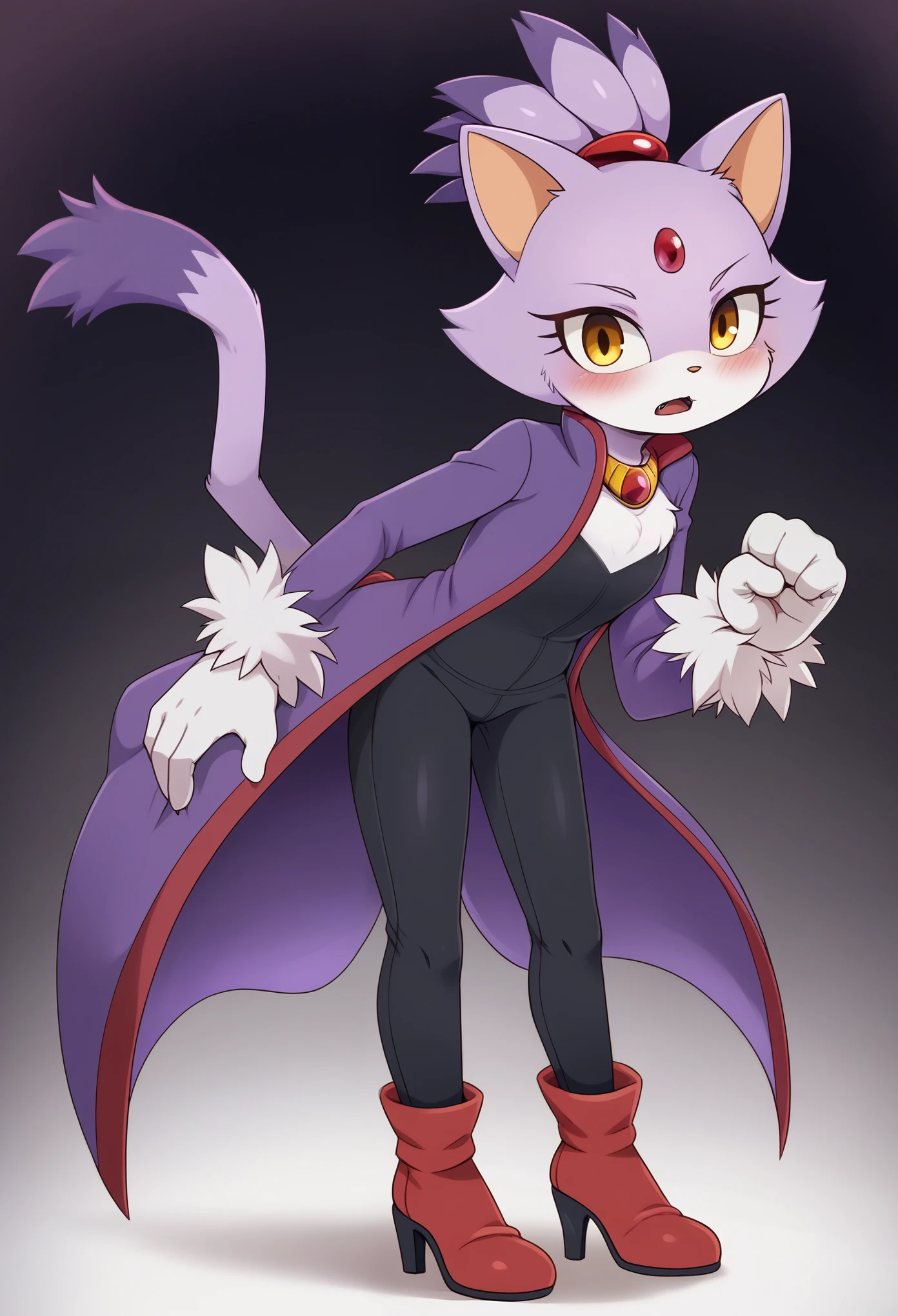 Blaze the cat, mouth open, 1girl, gloves, forehead_jewel, fur-trimmed_gloves, furry_female, solo, furry, animal_ears, simple_background, yellow_eyes, fur_trim, topknot, tail, high_heels, cat_girl, white_gloves, cat_ears, cat_tail, standing, full_body, flat_chest, purple_hair, fur-trimmed_footwear, black_background, multicolored_hair, arms_at_sides, white_pants, hair_tie, purple_coat, clenched_hands, looking_at_viewer, two-tone_hair, body_fur, pants, animal_nose, shoes, short_hair, coat, shiny, gem, red_footwear, long_sleeves, blush, leaning_foward, bent_over