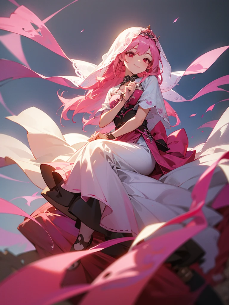 1girl, pink hair, red eyes, floating veil, florist, flower motifs, smile, seated