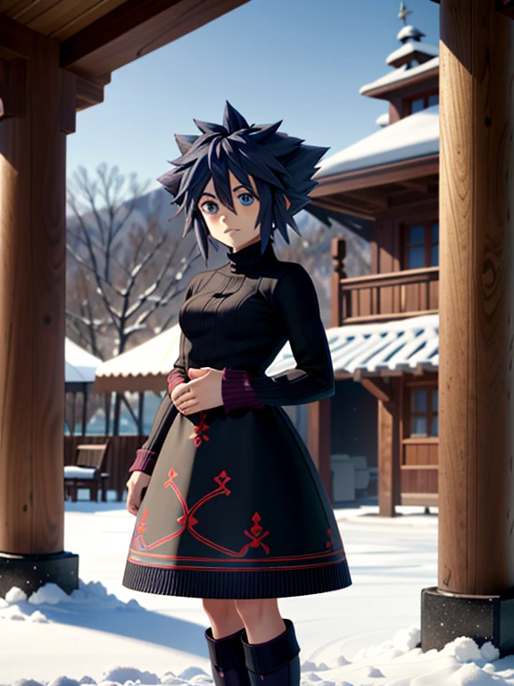 ((ultra detallado, Obra maestra, absurdos))
 KHSora, 1 chico, solo, By the chestnut, blue eyes, pelo de punta, ski lodge, ambiente invernal, standing with snow covered trees, cozy sweater, warm charm, unhappy, serious