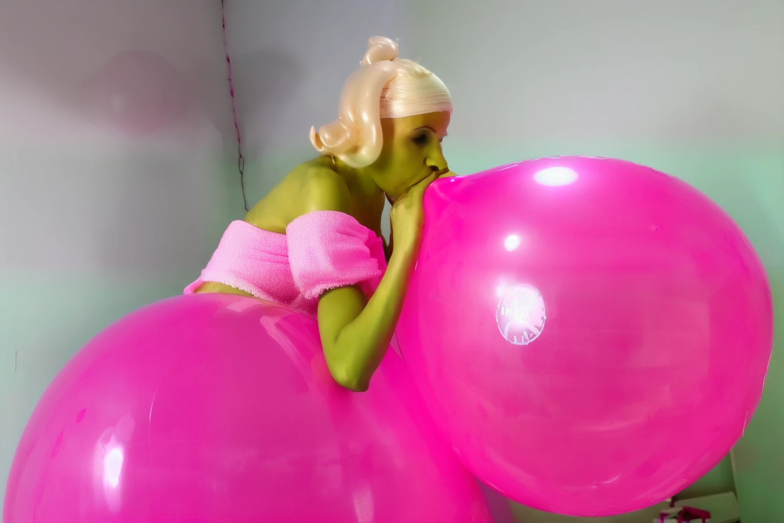 Pink pigtails, latex balloon fetish, latex balloon blowing fetish, big latex balloons, blowig up a big overinflated pink latex balloon, latex balloon fetish scene,