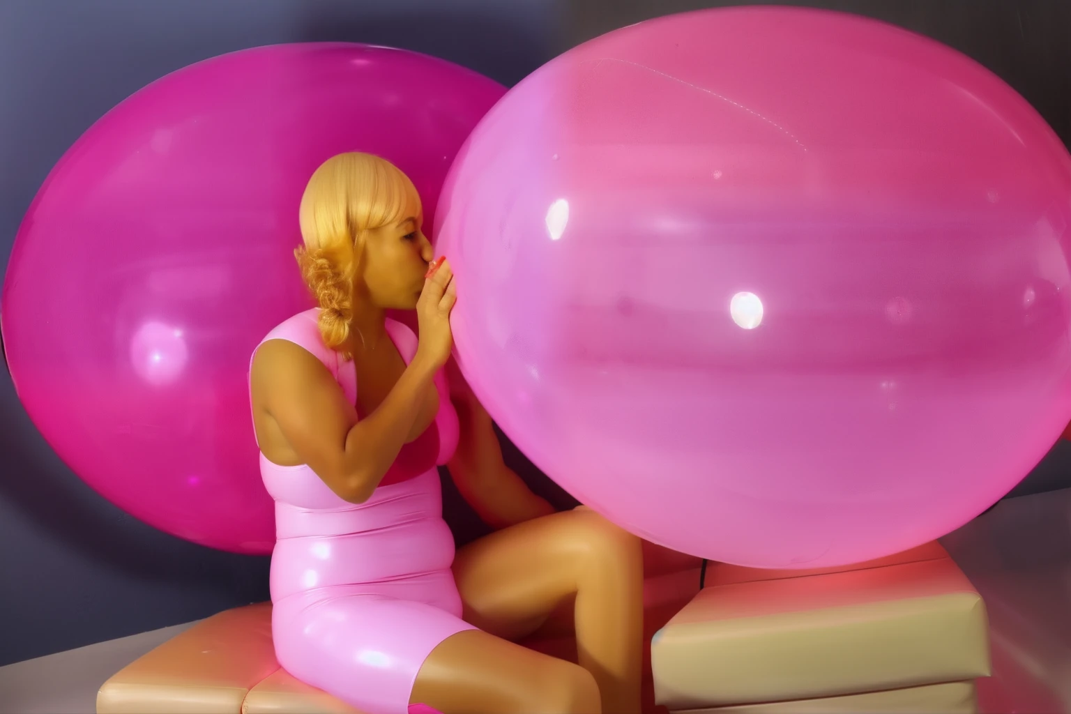 A whimsical scene unfolds with girl transformed into a balloon animal, its recognizable features sculpted from colorful balloons, adding a delightful touch of joy to the celebration. Best quality, intricate details, clean lines, eye-catching composition, soft tones, hyper-realism, perfect illustration, dynamic pose, ample headroom, ambiance