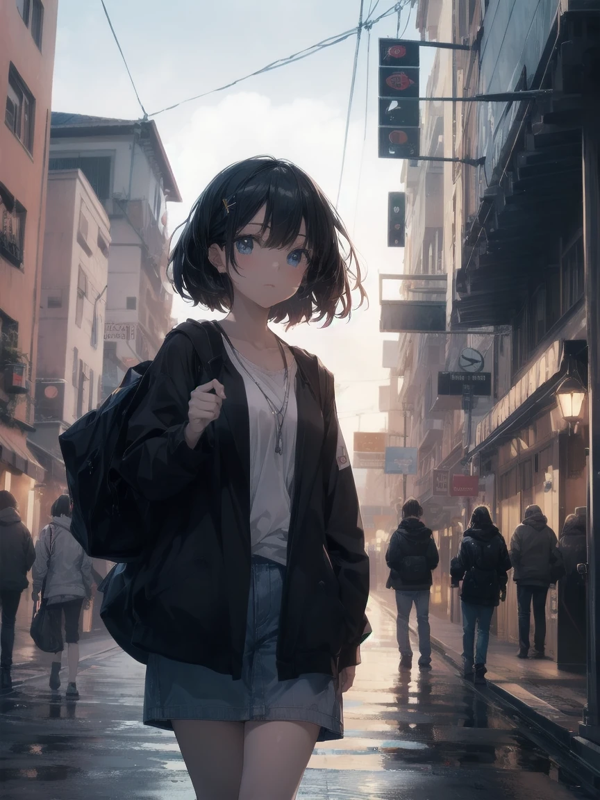 Calidad superior a Dios, ultra detallado, Moe anime art style,mejor fondo de pantalla de anime 8K konachan,ganador del concurso pixiv,perfect ???????, (Please draw a girl walking to school in her sleep... ),ROMPER, 1 chica es genial, hermosa chica, (Solo,,,13 years:1.3),un estudiante de secundaria, androgynous charm, (Pelo muy corto con raya al centro.),pelo despeinado, flequillo trenzado, Frente, Extremidades completas, dedos completos,pecho plano, small butt, ingle, small eyes,Hermosos ojos negros detallados,Iris y pupilas bien proporcionadas.,ojos disgustados, , Falda,en la ruta de viaje escolar. ROMPER,high resolution,super detailed skin, The best professional AI lighting, illustration 8k,