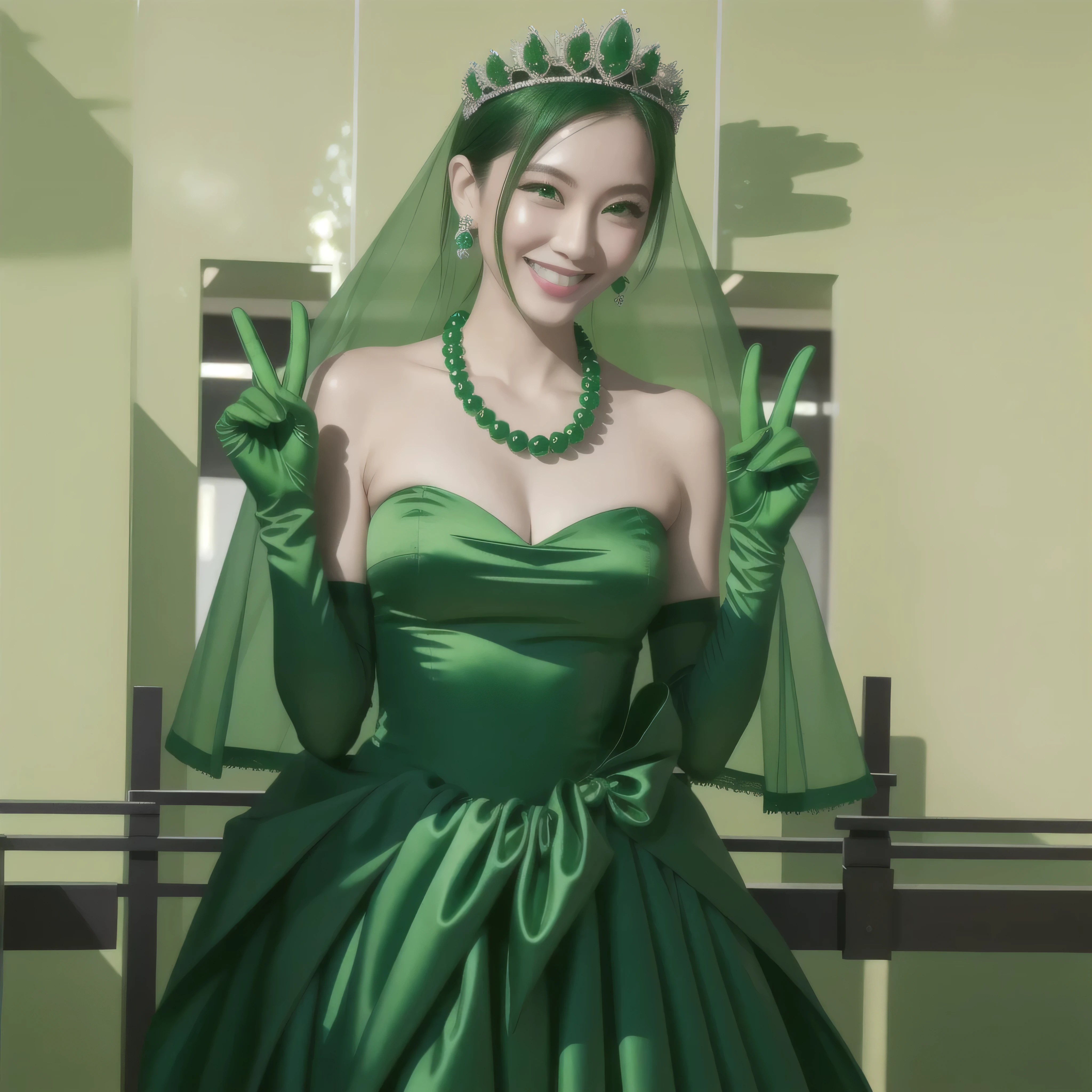 Emerald tiara, Green Pearl Necklace, Boyish Very Short Green Hair, Green Lips, Smiling Japanese woman, Very short hair, Busty beautiful lady, Green Eyes, Green satin long gloves, Green Eyes, emerald earrings, Green veil, Heart with both hands, Green Hair, Beautiful Japanese Women, v sign, green lip gloss