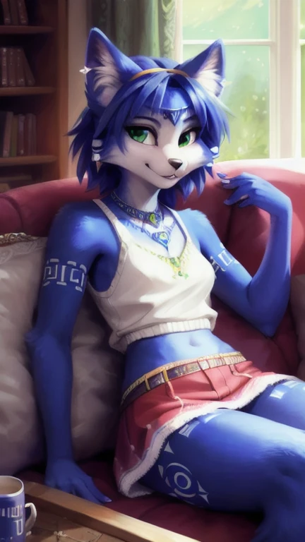 A beautiful and detailed (sweet portrait) von ((Krystal)), Sternenfuchs Krystal, Schlank, liebenswert, green eyes, small breasts, Dekollete, Grinsen, hoch schauen,, anthro, Pelzig, Hochgeladen E621, detailed flauschige fur, (von Fluff-Kevlar, Bayard Wu, personalami, Pino Daeni), detailliertes Gesicht, (flauschige), 1 girl, Allein, auf einem sofa sitzend, alltagskleidung, hellbrauner pullover, schwarze hose
