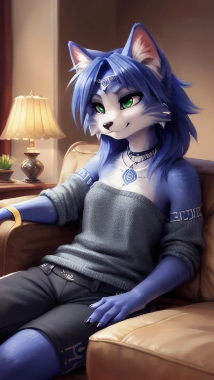 A beautiful and detailed (sweet portrait) von ((Krystal)), Sternenfuchs Krystal, Schlank, liebenswert, green eyes, small breasts, Dekollete, Grinsen, hoch schauen,, anthro, Pelzig, Hochgeladen E621, detailed flauschige fur, (von Fluff-Kevlar, Bayard Wu, personalami, Pino Daeni), detailliertes Gesicht, (flauschige), 1 girl, Allein, auf einem sofa sitzend, alltagskleidung, hellbrauner pullover, schwarze hose