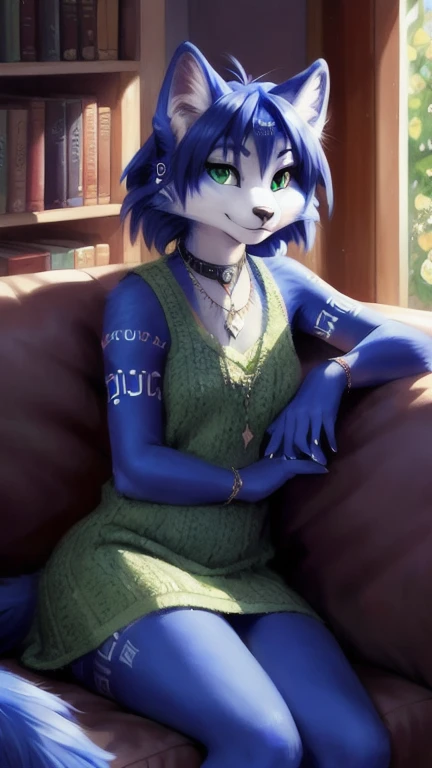A beautiful and detailed (sweet portrait) von ((Krystal)), Sternenfuchs Krystal, Schlank, liebenswert, green eyes, small breasts,  Dekollete, Grinsen, hoch schauen,, anthro, Pelzig, Hochgeladen E621, detailed flauschige fur, (von Fluff-Kevlar, Bayard Wu, personalami, Pino Daeni), detailliertes Gesicht, (flauschige), 1 girl, Allein, auf einem sofa sitzend, alltagskleidung, hellbrauner pullover, schwarze hose