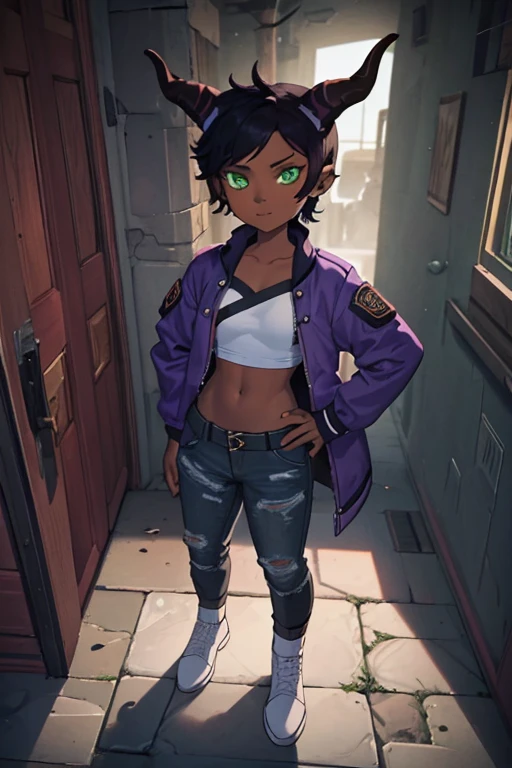 (Masterpiece) (High Detail) (High Res) (Black Skin) Looking from above A young beautiful humanoid FutEred with dark skin and soft detailed face and green eyes and short scruffy black hair and goat ears and short dark goat horns and a toned body and small to average breasts and dressed like a punk wearing a red jacket and black jean pants on