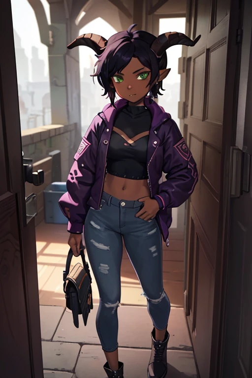 (Masterpiece) (High Detail) (High Res) (Black Skin) Looking from above A young beautiful humanoid FutEred with dark skin and soft detailed face and green eyes and short scruffy black hair and goat ears and short dark goat horns and a toned body and small to average breasts and dressed like a punk wearing a red jacket and black jean pants on