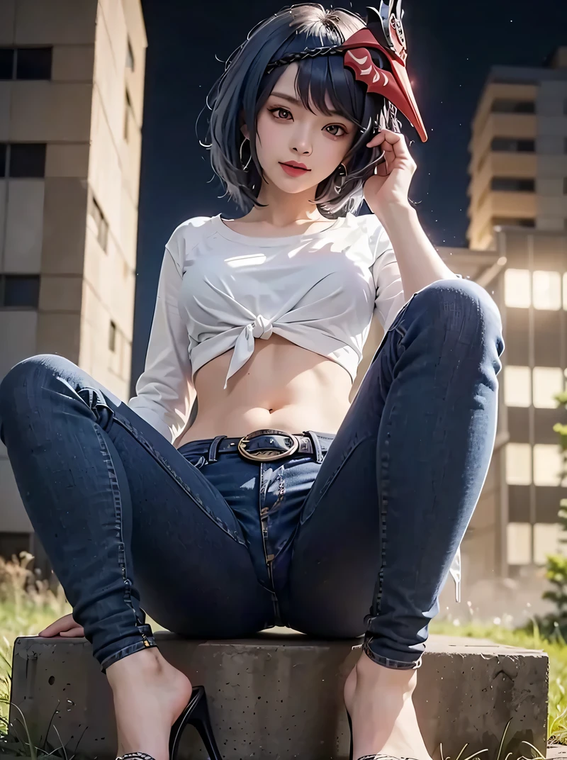 1girl, (long sleeved tied business shirt, skinny long jeans, iron belt, heels, big earrings), ((midriff, navel)), looking at viewer, evil smile, night, sit on stone, from below, (cinematic lighting, best quality, masterpiece, high details, best quality, highres, HD, 4K, 8k, super detail), (kujou sara:1.3), mask on head, blue hair, short hair, yellow eyes, 