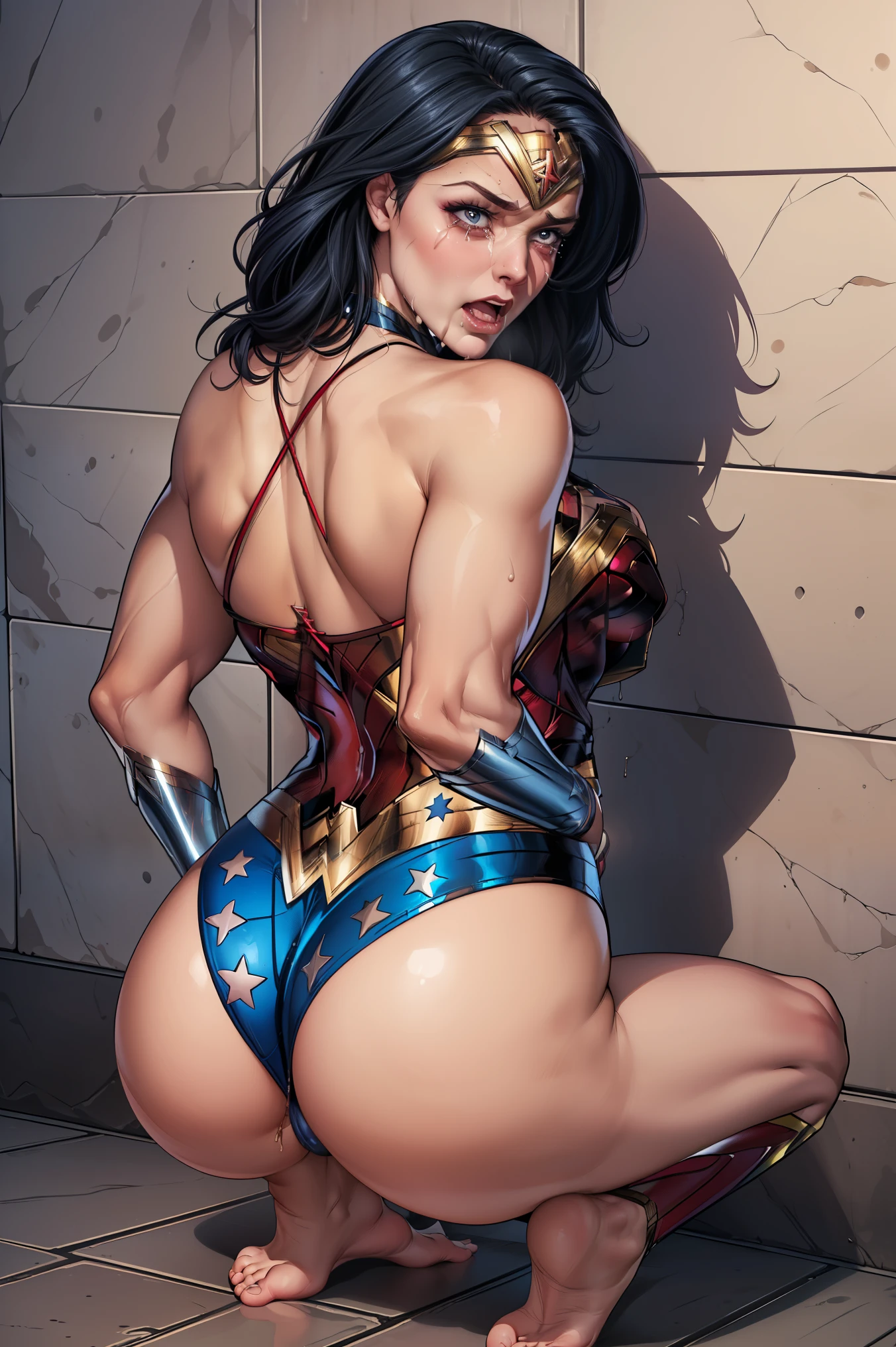 ((Back view)),(((WONDERWOMAN TEM SEU CORPO EXPOSTO PARA VENDA NO MERCADO DE ESCRAVAS))), (((WONDER WOMAN SUPERHEROINE is barefoot))), ((WONDER WOMAN IS WEARING STARRY LACE PANTIES)) ,((SUPERHEROINE mulher maravilha IS A FILTHY OLD WHORE)), ((emotional expression,expression of pain and despair, gritando de dor, expression of suffering, olhos arregalados, maravilha, ((Wonder is crouched in the corner, tremendo de medo)), (Ela's crying a loa tem cabelo preto, ela tem cabelo longo)), ((Ela wears a thick metal necklace around her neck....)), (obra-prima, melhor qualidade) 1.5, 1 garota, sozinho, (sensual, mulher bonita, rosto perfeito, olhos perfeitos), corpo inteiro. tears running down your face)), ((Mulher Maravilha, arms tied behind the back, Shibari, painful restraint by ropes), (((emotional expression,expression of pain and despair, gritando de dor, expression of suffering, olhos arregalados, expression of fear))), (((Wonderwoman looking at the camera)))