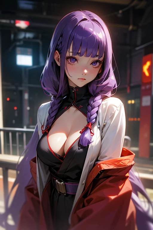 1 girl, Blunt bangs, Braiding, Wide sleeves, hair ornaments, kimono, Red Belt, (Purple Hair:1.2), Very long hair, Straight hair, Looking at the audience, Highly detailed background, (Realistic:1.2), Beautiful Eyes, Red eyeshadow, Written boundary depth,thigh, (Ulzzang-6500:0.7), Upper Body, (alone:1.2), (Cyberpunk City:1.1), Cleavage, Shiny skin、Sit at the bar counselor、Hair blowing in the wind、Please touch your cheeks with both hands.、Play with your hair with both hands、