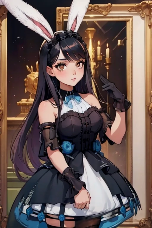 A black haired woman with brown eyes with an hourglass figure with black bunny ears in a cute ****ta is holding a bunny