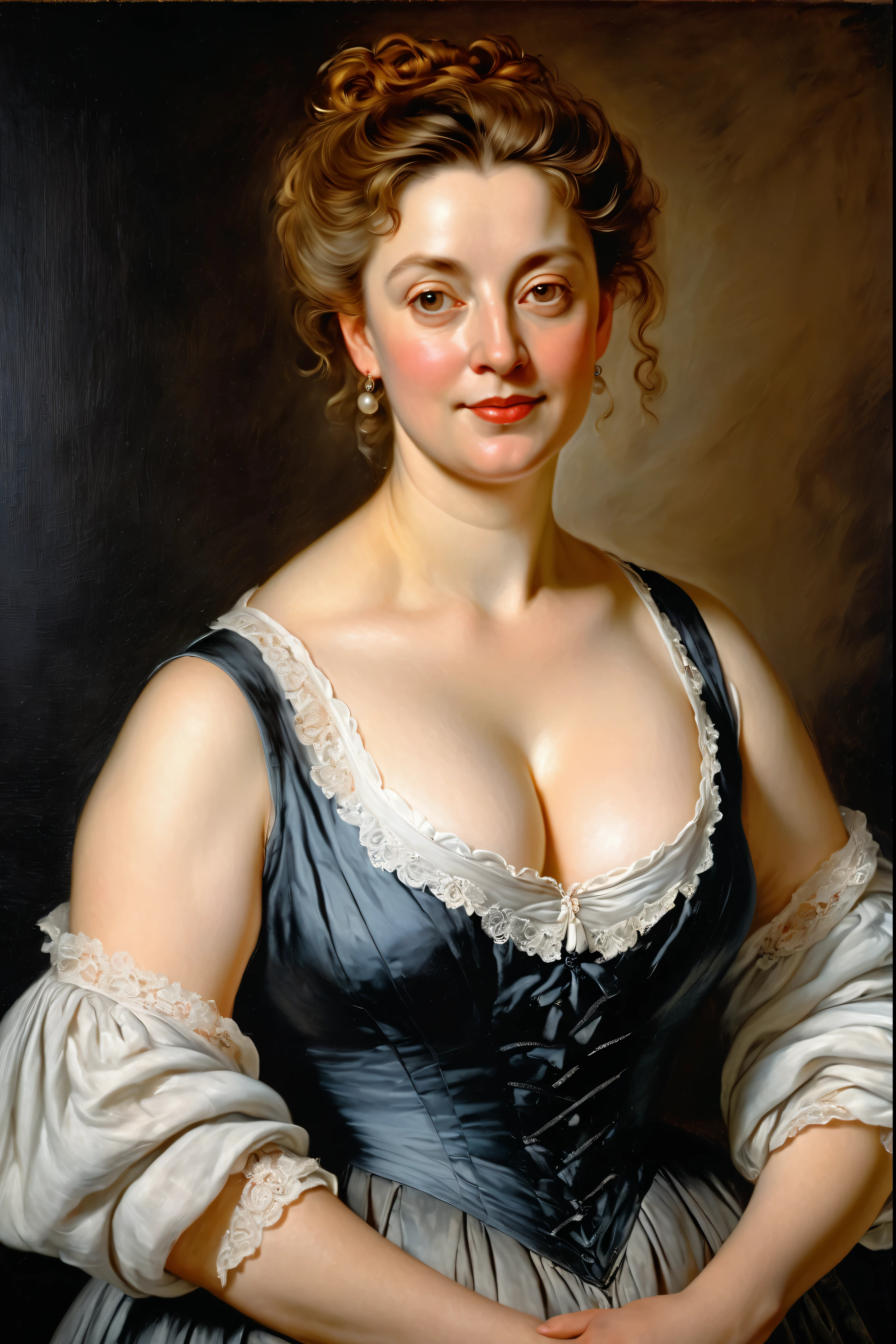 portrait painting of a thick Beautiful middle aged woman, extremely gorgeous, linen clothes, wearing a Victorian Camisole dress or chemise, by Peter Paul Rubens, in Peter Paul Rubens style, by Caravaggio, intricate, flawless, masterpiece, Best quality, wearing chemise Victorian undergarments,