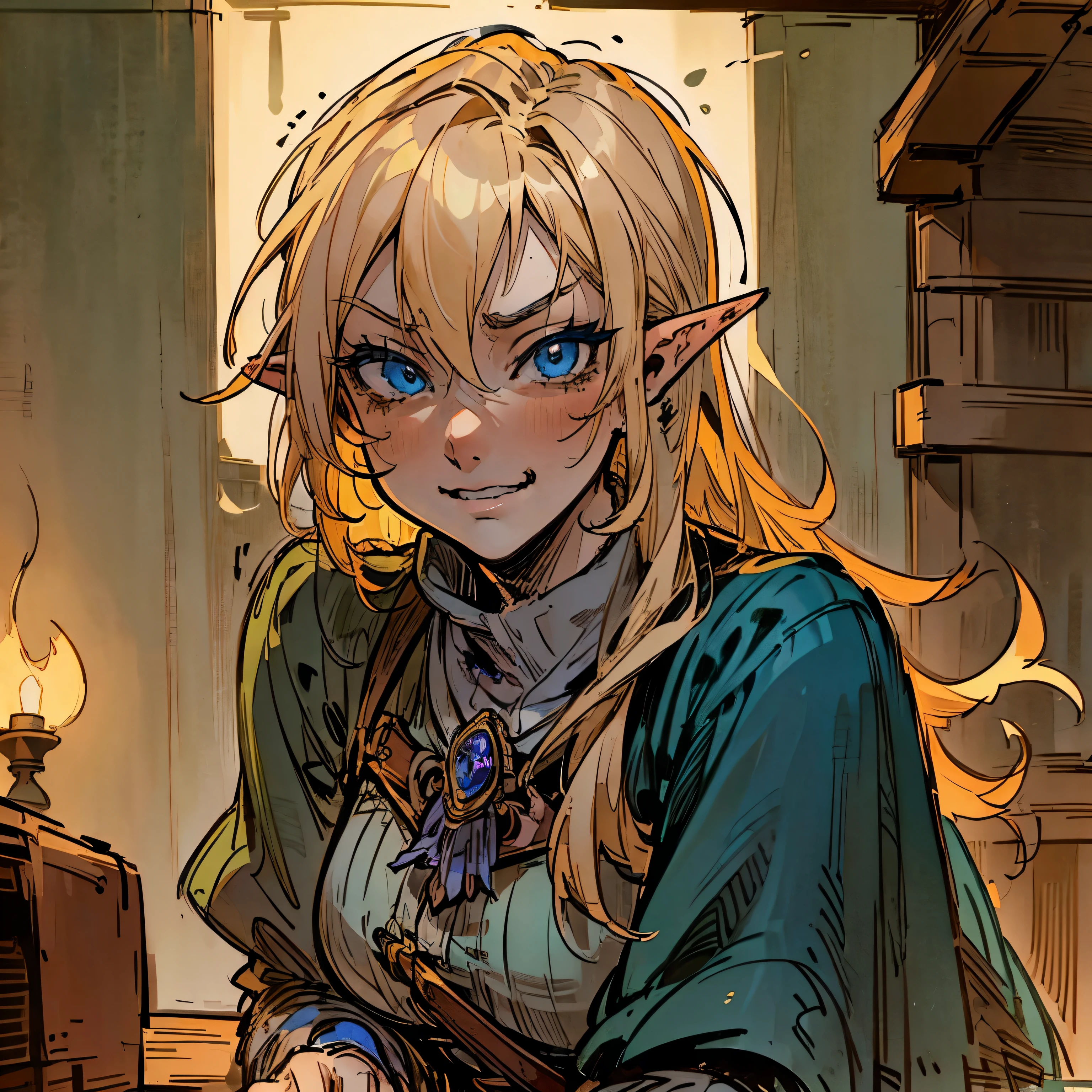 (POV: in a tavern) , Blond haired tsundere elf, blue eyes, Hunter, confident, assertive, genre: dark fantasy, adventurer, smirking(Background: cozy wooden tavern) Dramatic moment, anime realism [Face close up, detailed face, attention to face, just face] 