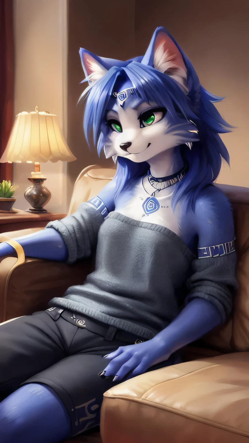 A beautiful and detailed (sweet portrait) von ((Krystal)), Sternenfuchs Krystal, Schlank, liebenswert, green eyes, small breasts, Dekollete, Grinsen, hoch schauen,, anthro, Pelzig, Hochgeladen E621, detailed flauschige fur, (von Fluff-Kevlar, Bayard Wu, personalami, Pino Daeni), detailliertes Gesicht, (flauschige), 1 girl, Allein, auf einem sofa sitzend, alltagskleidung, hellbrauner pullover, schwarze hose