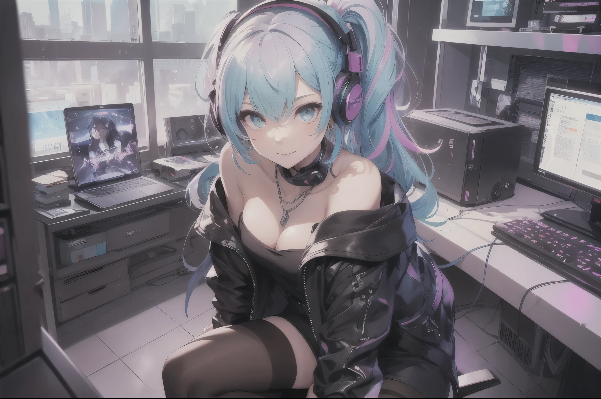 highest quality, Best image quality, girl, 20-year-old, Medium Bust, Ample breasts, Sparkling amber eyes, Aqua Eye, Eye Reflexes, long upper eyelashes, (((Rainbow Hair))), Long, messy hair, Wavy, top ponytail, ((Black sexy strapless short tube top)), leather jacket, (White denim hot pants), ((Black thigh-high socks)), smile, Glowing headphones, Diamond earrings, Wristband, necklace, ring, ((Squatting on a chair)), In front of the computer, play video games, Leaning forward, Open one shoulder, joy, Mouth biting bread, Take a look at your computer, Lightly reddish, Beautiful art, background((Hacker Room, server room, Neon Light, Braces, Note)), Flight, flying debris, Write Boundary Depth, movie, Visual Arts, Perfect art, Genuine, Verism, Anime Style, Shining Light, movie照明, Chiaroscuro, Ray Tracing, 8k, masterpiece, Ultra-fine skin, Super detailed face, Perfect Face, Ultra-fine facial details, Beautiful and delicate eyes, Perfect Eyes, Correct limbs, Correct Fig, Super detailed fig, Best hair quality, Best Clothing Quality, Best Prop Quality