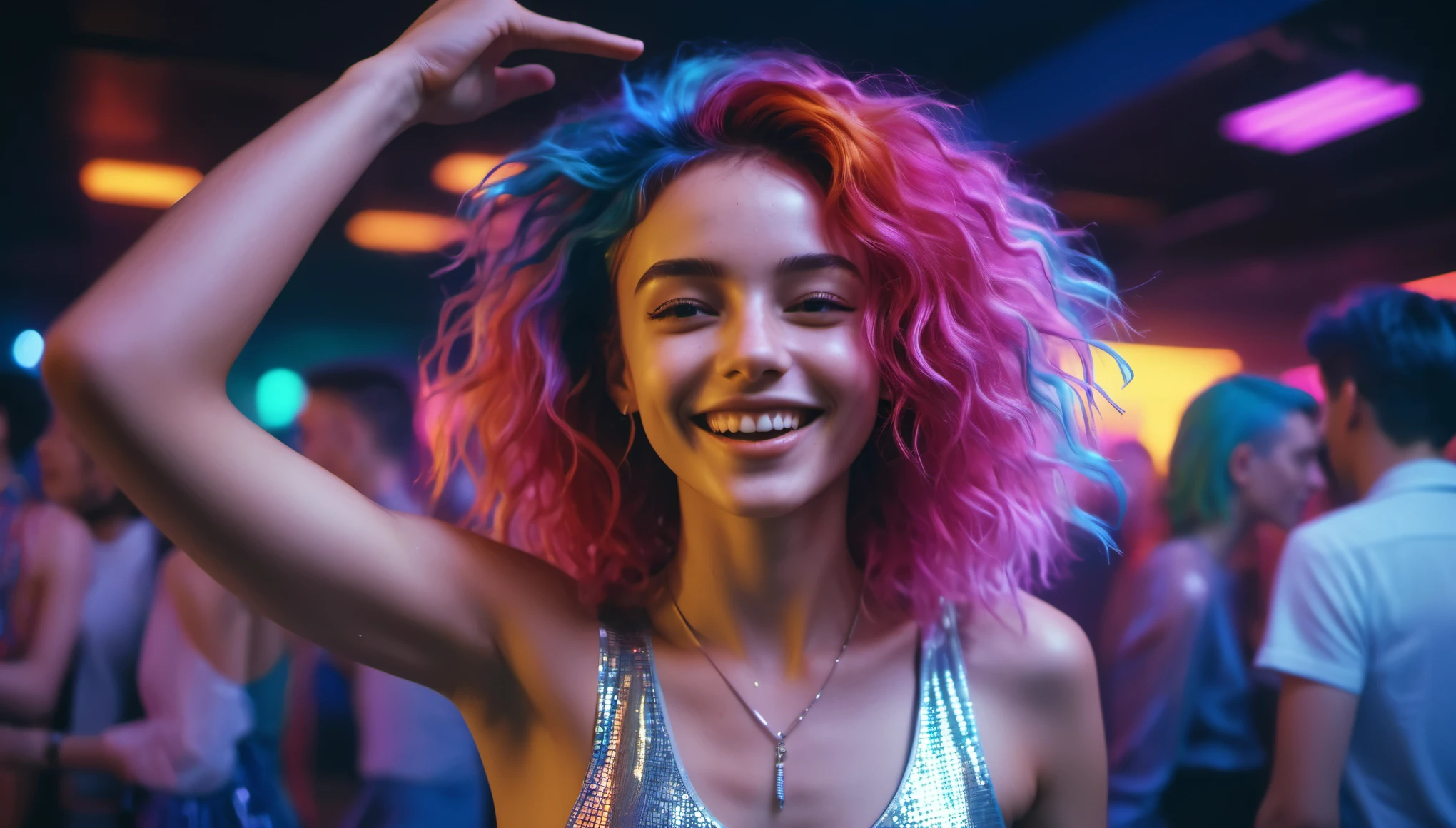 analog raw candid photo of a beautiful young woman, dancing at a disco, Realistic skin texture, multicolored hair, slim, happy, neon lights, 35 mm, 8K, UHD, masterpiece