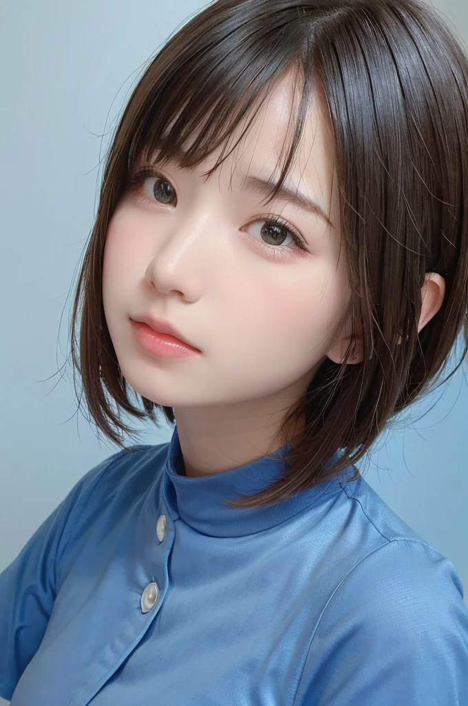 masterpiece, best quality, 1girl, profile face, stunning face, blue background, blurry, blown eyes, short hair, upper body