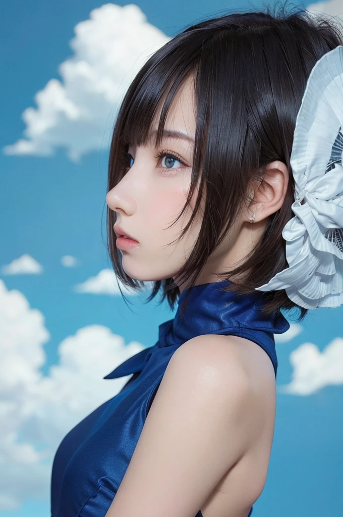 masterpiece, best quality, 1girl, profile face, stunning face, blue background, blurry, blown eyes, short hair, upper body