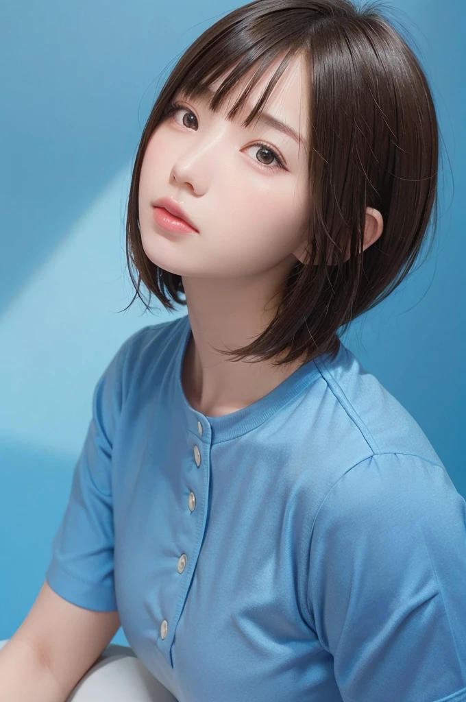 masterpiece, best quality, 1girl, profile face, stunning face, blue background, blurry, blown eyes, short hair, upper body