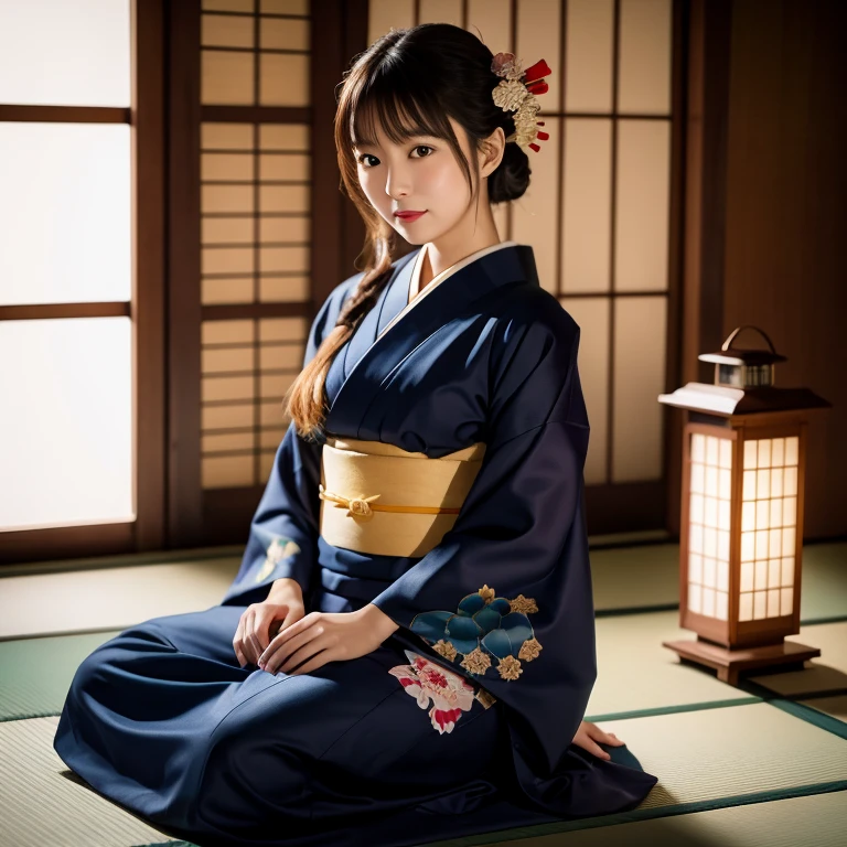 Realistic photos, A cute Japanese girl、Japanese luxury(Navy blue kimono:1.2)Wearing、Sitting modestly facing outward, Beautiful floral patterned kimono, When you enter the elegant room、In the center of a large space The beautiful woman wearing a high-quality crimson kimono sash captures her entire body in a very attractive and realistic way., She realized、(Shut your mouth.) She tilts her head at me and smiles seductively., A cute and sexy expression with a slight blush on her cheeks, Powerful and ephemeral Very attractive eyes, effect// (Captivate you,) (Raw photo,) ((photograph)), (((full body shot:1.5,) Hinomaru composition:1.5,)) ((Raise your gaze:1.0,)) Chiaroscuro, (The soft light of the lantern), Soft light and shadow, Aerial perspective, quality// (((最高quality, 16k, Raw photo,)))