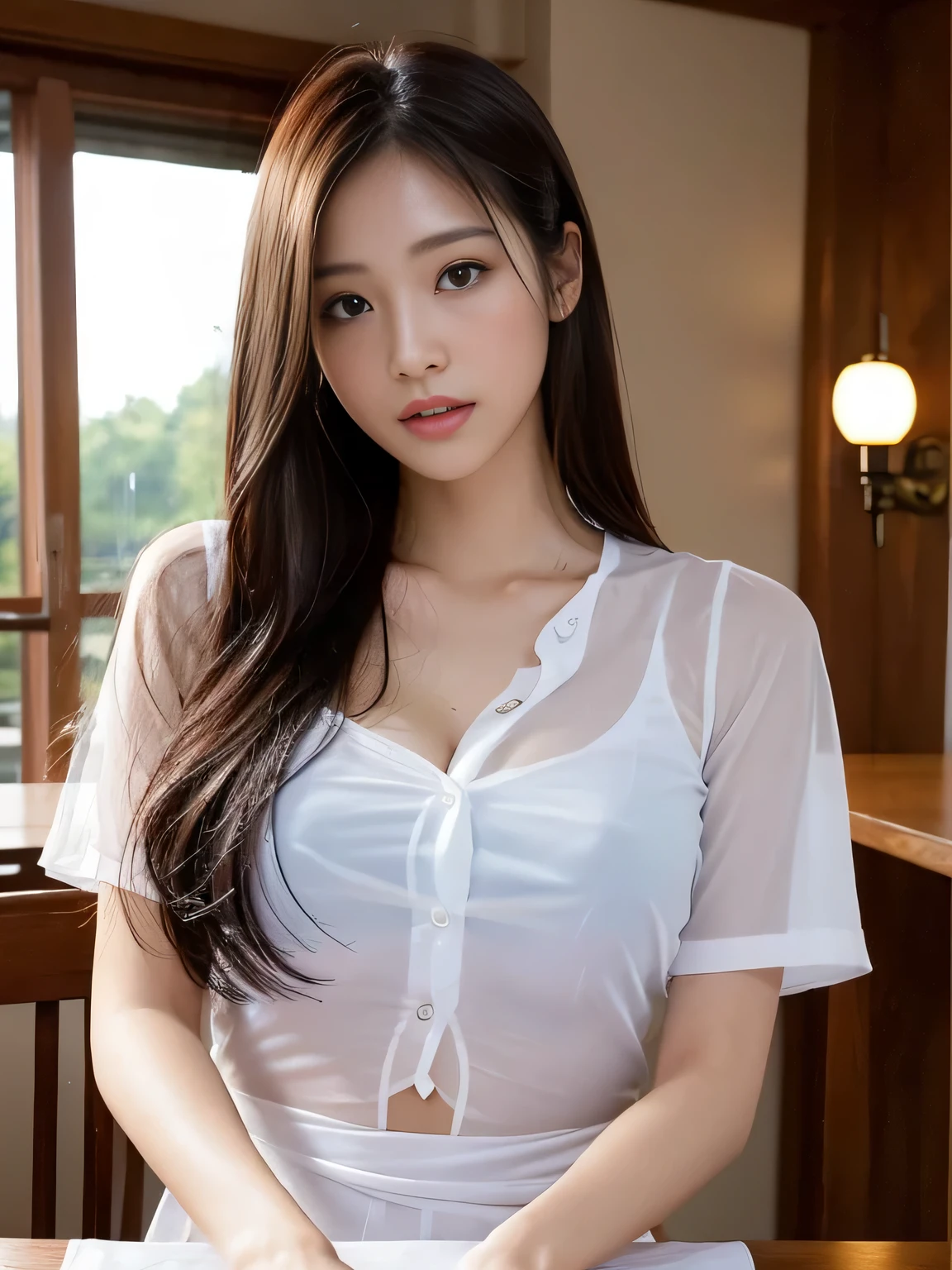 (Brunette woman, woman in her 30s, highest image quality, ultra-high resolution, atmospheric natural light, depth of field, reasonable color temperature, lip temperament, thick eyelashes, caustic blur, necklace, bracelet, wearing a transparent shirt, bare legs, chest mole)