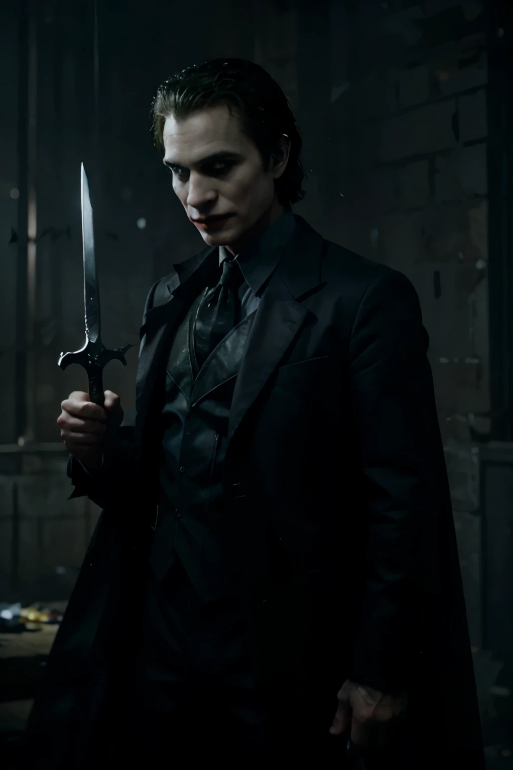 make Batman holding a sword that reflects the image of the joker