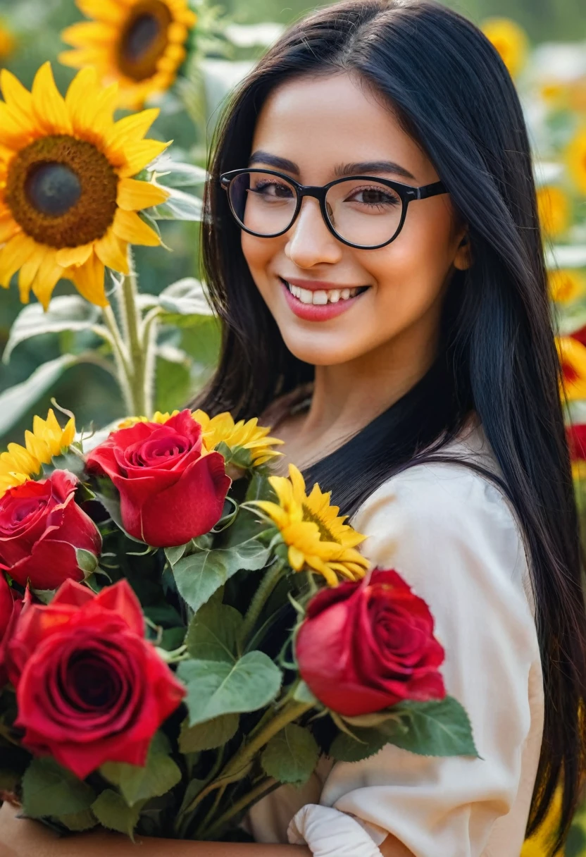 A beautiful with long black hair, wearing glasses and smiling, holding a bouquet of sunflowers and red roses. The vibrant colors of the flowers and the girl's outfit create a lively and joyful atmosphere. The image is of ultra-detailed quality, with a resolution of 8k, highres, and a touch of a masterpiece at a 1.2 level. The focus of the image is cinematic, capturing the girl's expression and the flowers in sharp detail. The girl's eyes are closed, adding a sense of tranquility and contentment.