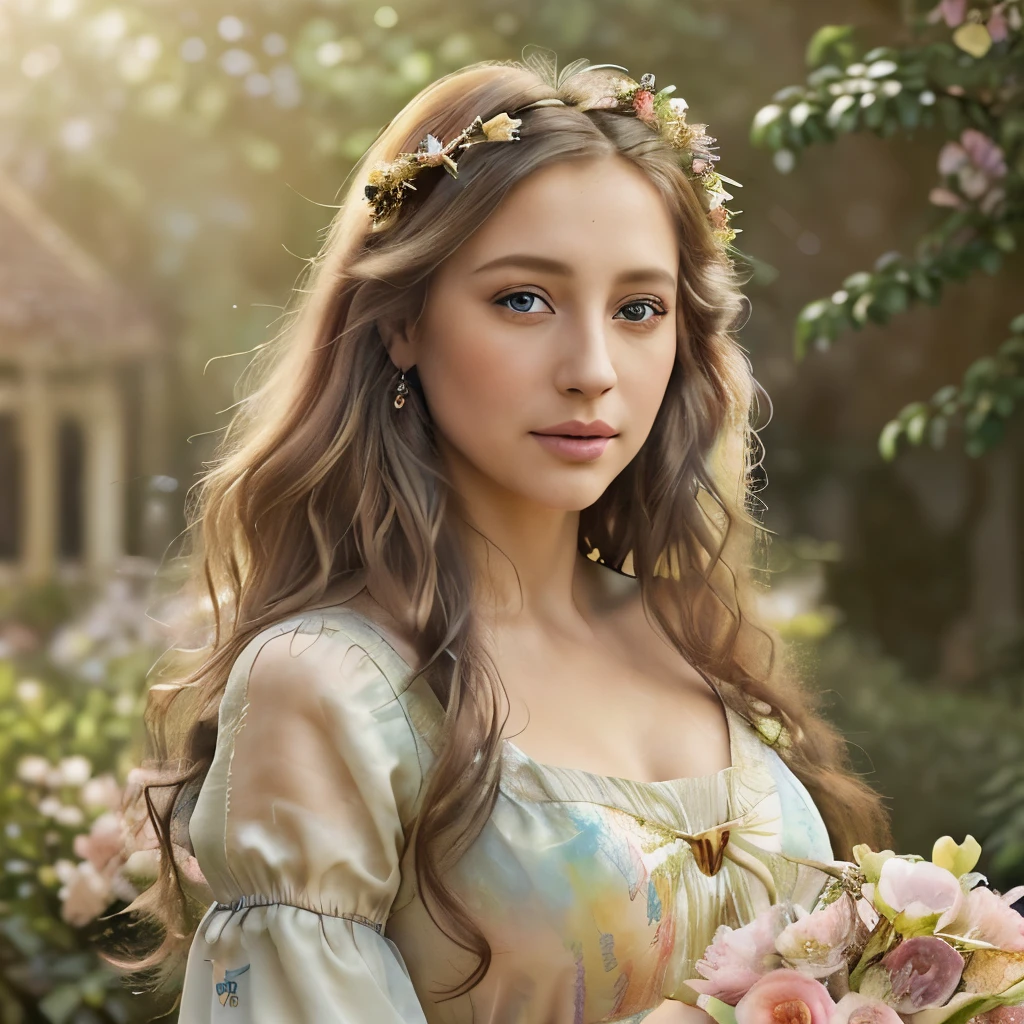 (beautiful detailed eyes, beautiful detailed lips), wearing a long flowing dress in an enchanted garden, rodeada por flores coloridas e borboletas. The scene is depicted in a watercolor painting style, with vibrant colors and soft, golden light that creates a magical atmosphere. Image quality is high resolution, with ultra-detailed details and a photorealistic appearance.