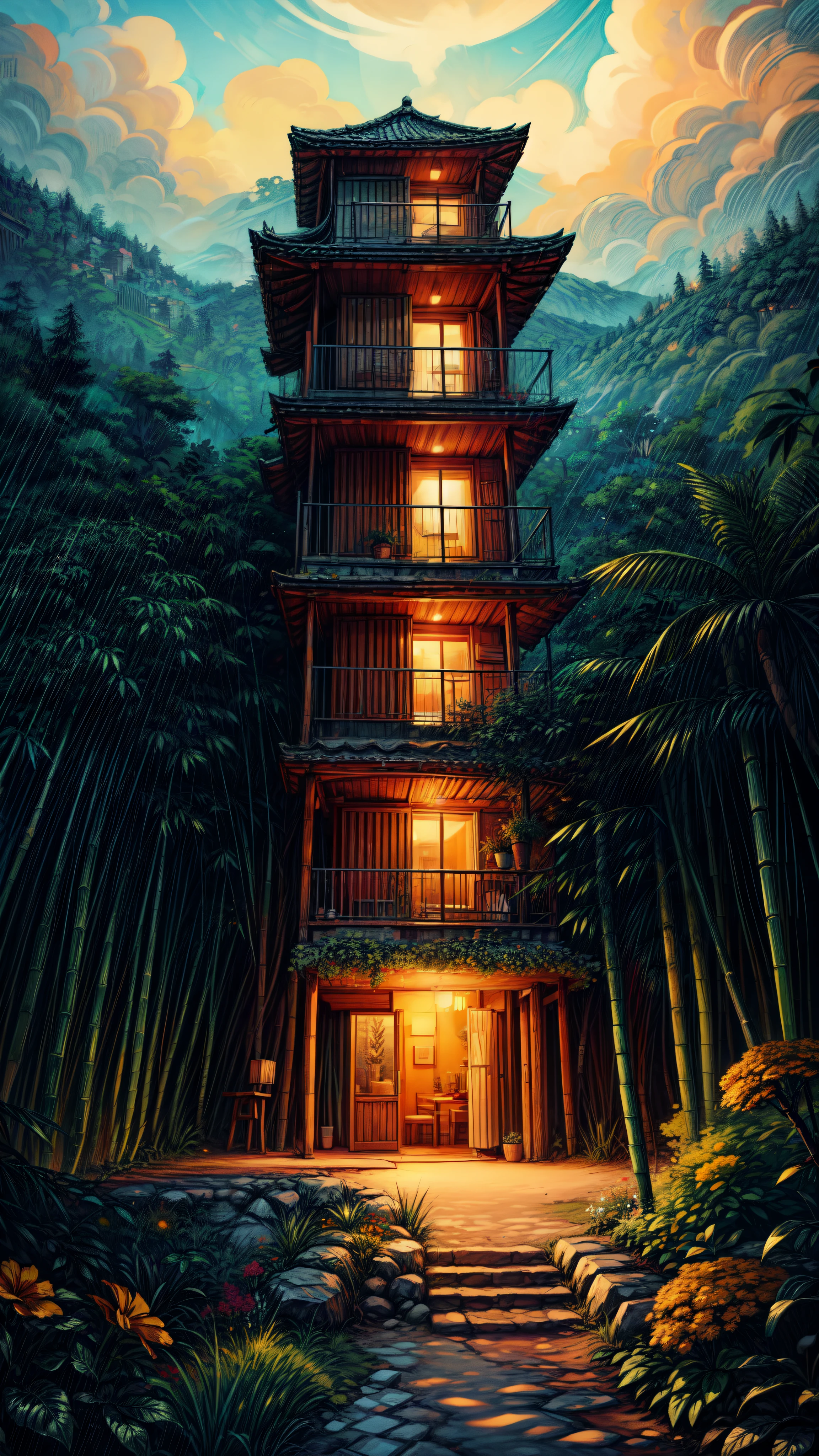 aerial view, orange boho apartment, boho carpet, beach, day light, cloudy sky, pine trees, calm, silence, tropical plant pots, covered with marigold flowers, green woodwork, aesthetics, peaceful, bamboo furniture, movie scene, aesthetics, beautiful tones, scenery, beautiful ambience, 8k, volumetric light, peaceful scene, light shining on part of foliage, micro landscape, intrinsic details