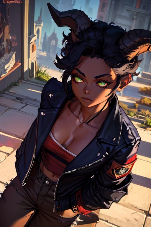 (Masterpiece) (High Detail) (High Res) (Black Skin) Looking from above A young beautiful humanoid FutEred with dark skin and soft detailed face and green eyes and short scruffy black hair and goat ears and short dark goat horns and a toned body and small to average breasts and dressed like a punk wearing a red jacket and black jean pants on