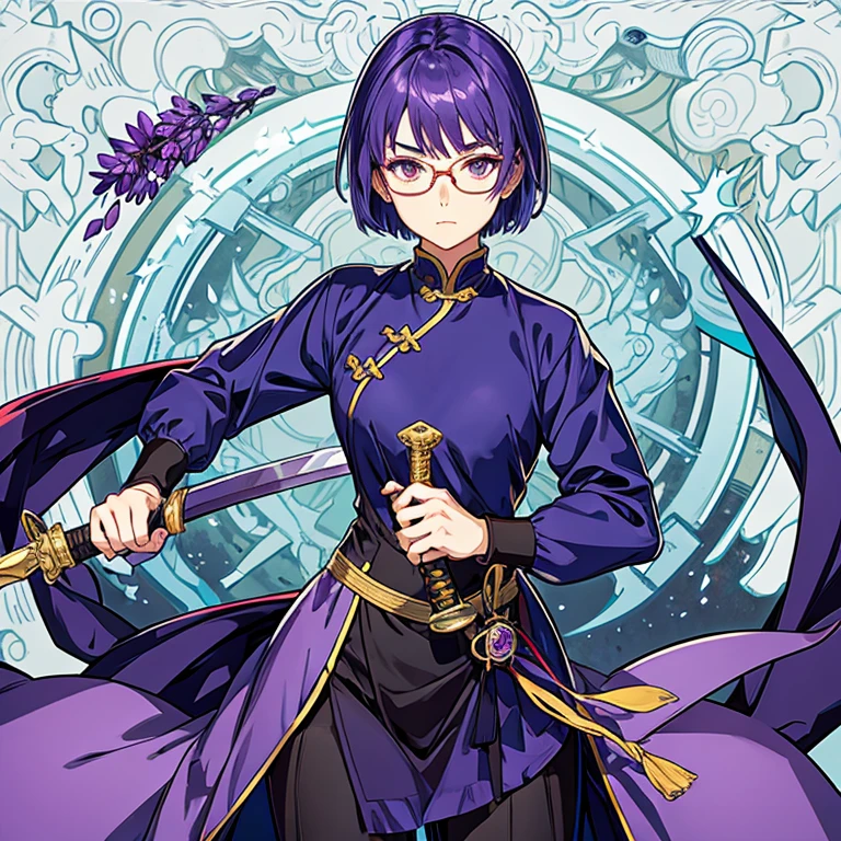 Short hair girl wearing eyeglasses, her eyes are like chinese eyes and holding a sword, looks like a fighter and dangerous woman with a lavender colored hair