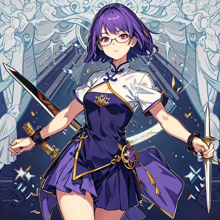 Short hair girl wearing eyeglasses, her eyes are like chinese eyes and holding a sword, looks like a fighter and dangerous woman with a lavender colored hair