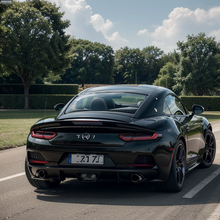 Make a convertible sports car, with retractable airfoil, com a marca dallo, na cor preta e farol auxiliar, V8 biturbo engine located in the rear of the coupe style, rodas na cor bronze fosca