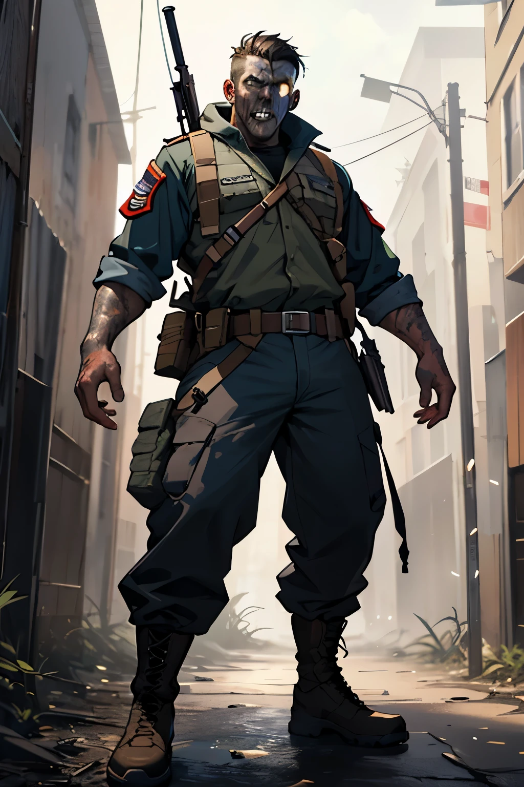 create concept art for a game, features are a zombie of an American soldier from the Second World War in a pose that shows his entire body