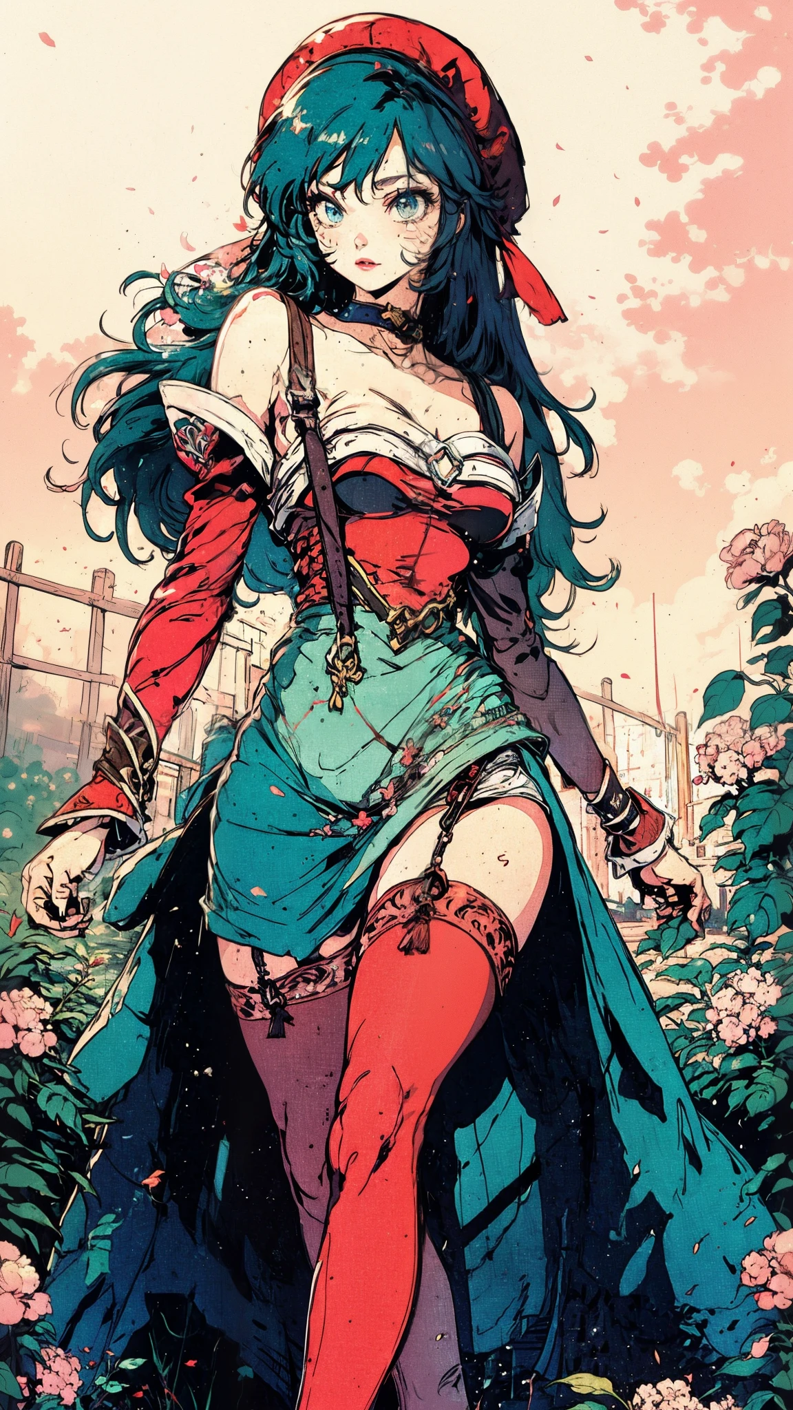 (best quality,ultra-detailed), Young woman, aristocratic hatsune miko stockings with suspenders, playful look, long sleeves, bare shoulders, hat with veil, heels with white line, vintage, walking in a garden and stopping to smell a flower, background with a beautiful sunset, clenched fist with fingers gently touching the petals.