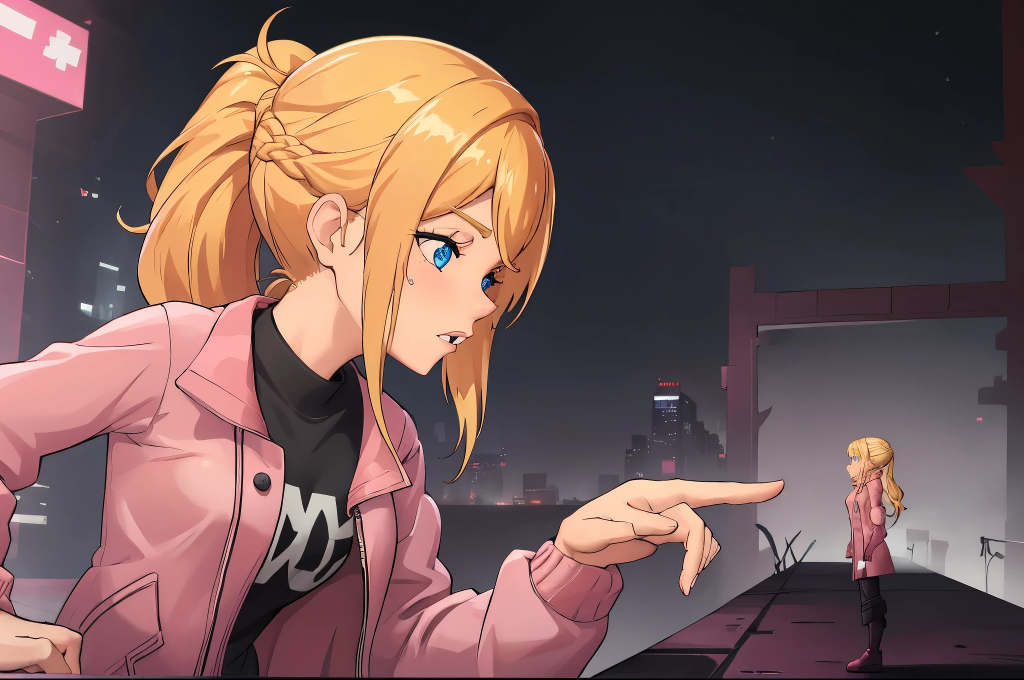 masterpiece, best quality, 1girl, youlooklonely, pointing, from side, looking at another, dark, fog, city, cyberpunk, blonde hair, ponytail, blue eyes, braid, fleckles, pink jacket, jacket, shirt, black shirt, (parted lips:0.8), pink theme