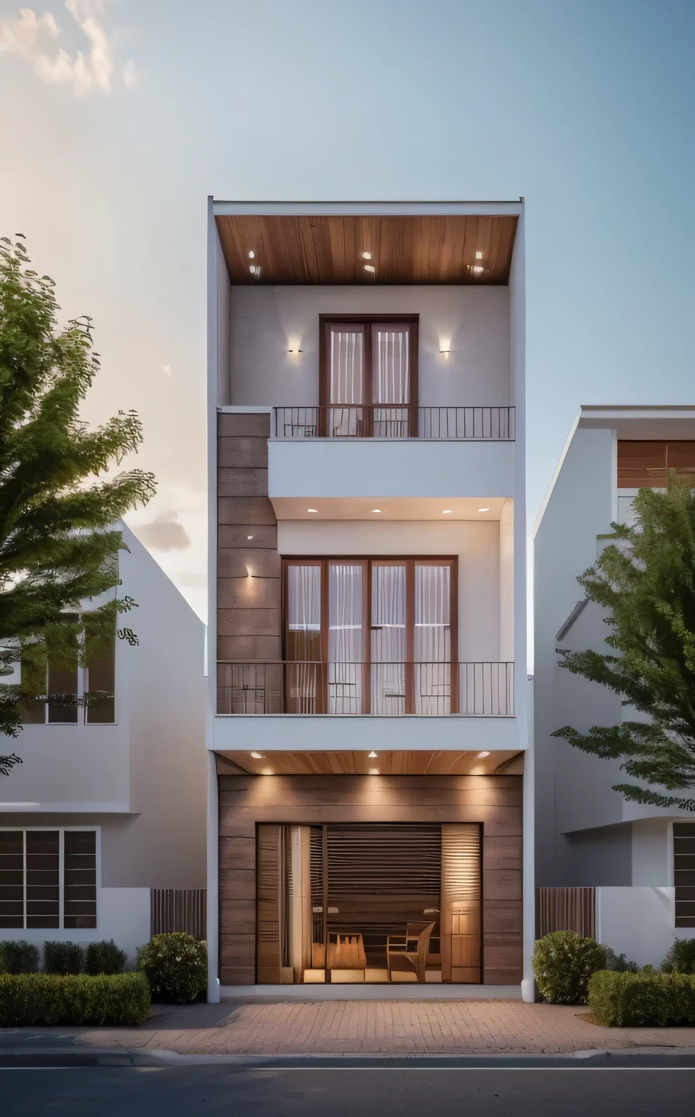 (Townhouse in city ,close houses and trees), daylight ( best quality) ((high solution)) ,(( photo realistic)) ,warm light, (sharp focont view of townhouse in style of modern,small house, Narrow area,VietNam,facade, curved arch,beautiful facade,curved windown,narrow and long ,two-storey,mutual colours, soft lighting, warm atmosphere,high Resolution, hyper detailed,4k ,vray render, octane render, hyper realistic, photography expert ,exterior design , professional photography, exterior photography,wide-angle shot , ultra detail , high Resolution , full frame, full body