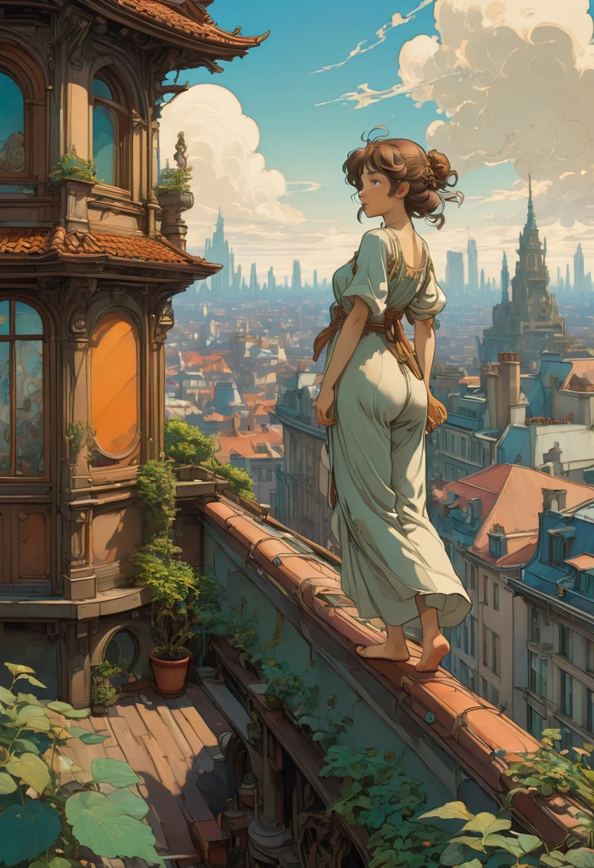 Person Standing on the Rooftop, by Studio Ghibli and Alphonse Mucha, best quality, masterpiece, very aesthetic, perfect composition, intricate details, ultra-detailed