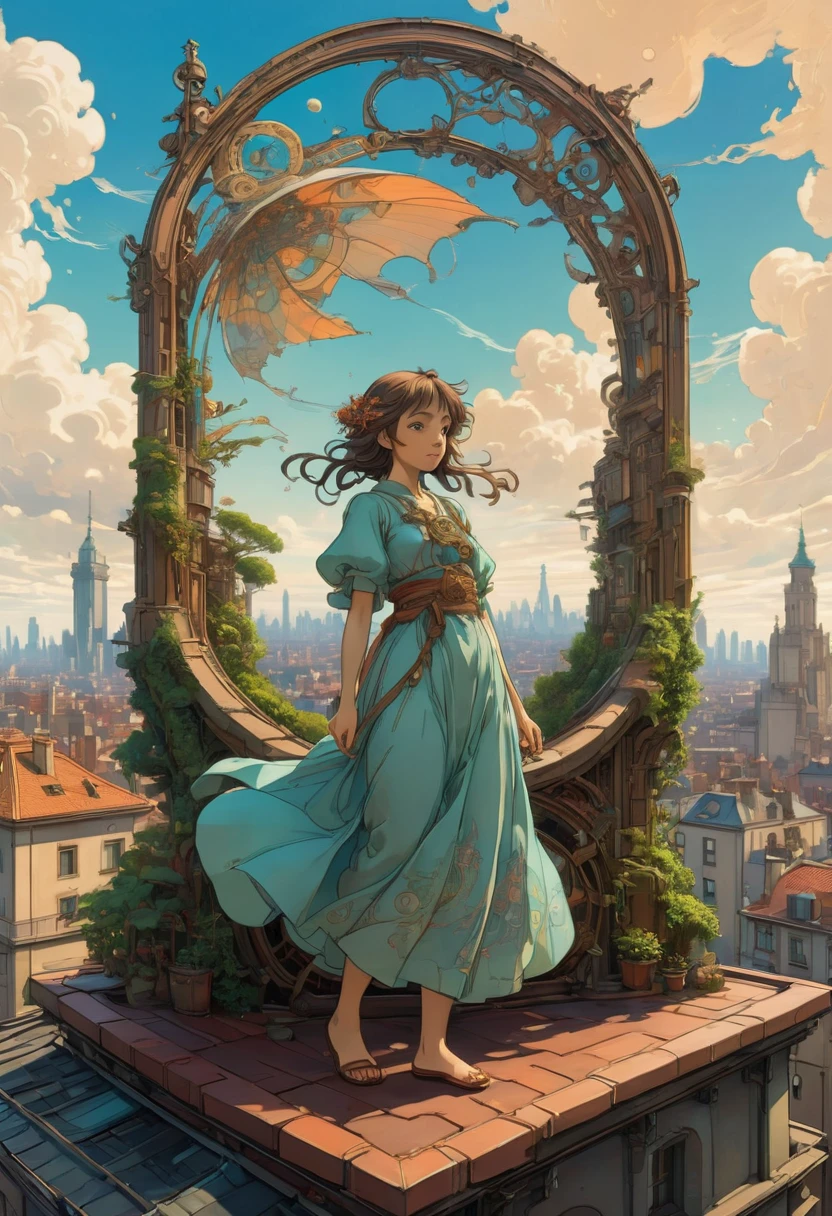 Person Standing on the Rooftop, by Studio Ghibli and Alphonse Mucha, best quality, masterpiece, very aesthetic, perfect composition, intricate details, ultra-detailed