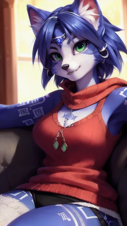 A beautiful and detailed (sweet portrait) von ((Krystal)), Sternenfuchs Krystal, Schlank, liebenswert, green eyes, medium breasts, (((Lange blaue Haare 1.3))),  ((schwarze haarspitzen)), Dekollete, Grinsen, hoch schauen,, anthro, Pelzig, Hochgeladen E621, detailed flauschige fur, (von Fluff-Kevlar, Bayard Wu, personalami, Pino Daeni), detailliertes Gesicht, (flauschige), 1 girl, Allein, auf einem bett liegend, alltagskleidung, heller pullover 1.3, schwarze hose, fernsehen