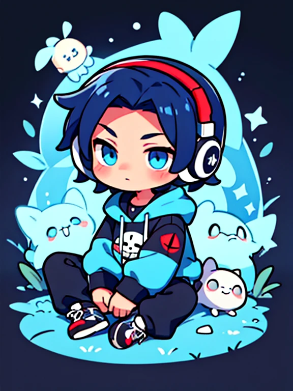 cartoon boy with blue eyes and headphones sitting on the floor, arte chibi digital avanzado, chibi, con ojos brillantes, en una sudadera con capucha, lindo chico emo, estilo chibi, chibi art, [ arte digital ]!!, Cel sombreado!!!, foto de perfil 1024px, con enormes ojos luminosos y tristes, anime chibi, con una sudadera con capucha negra