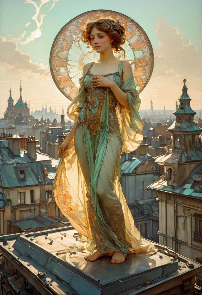 Person Standing on the Rooftop, by Alphonse Mucha, best quality, masterpiece, very aesthetic, perfect composition, intricate details, ultra-detailed