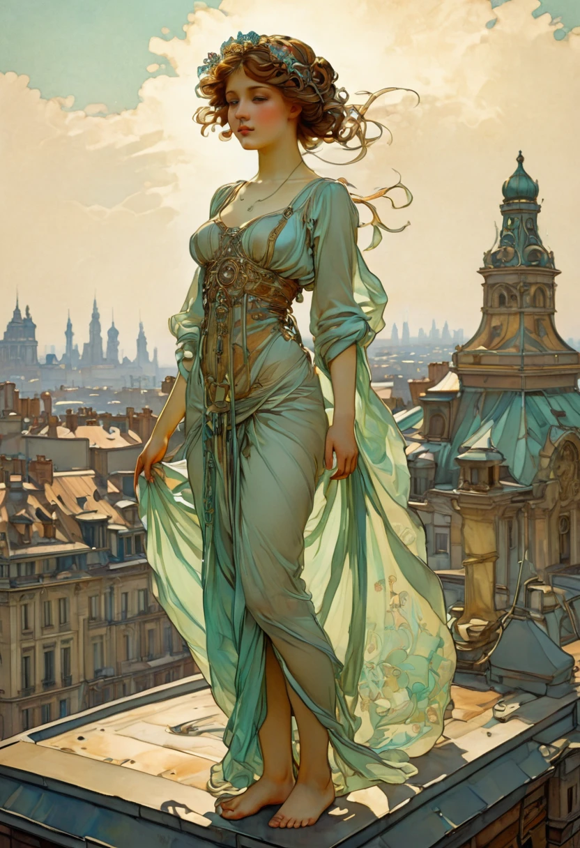 Person Standing on the Rooftop, by Alphonse Mucha, best quality, masterpiece, very aesthetic, perfect composition, intricate details, ultra-detailed