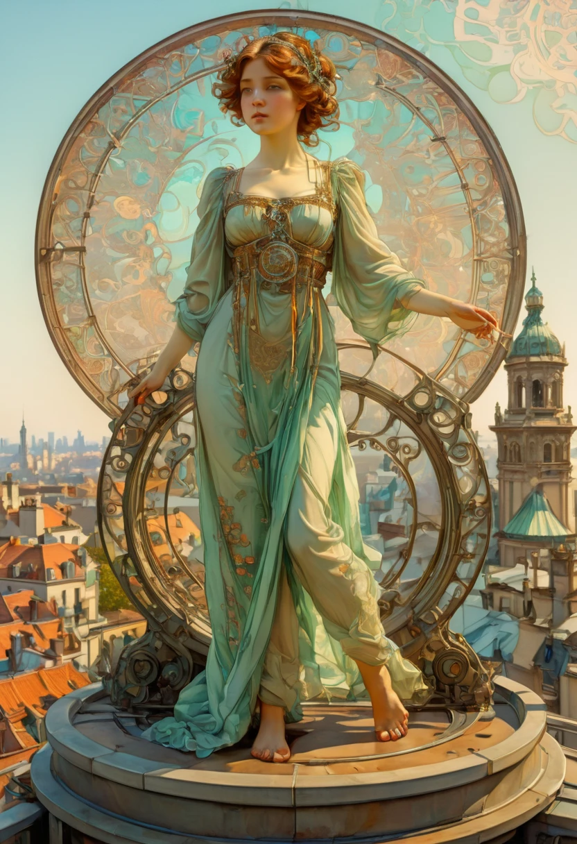 Person Standing on the Rooftop, by Alphonse Mucha, best quality, masterpiece, very aesthetic, perfect composition, intricate details, ultra-detailed