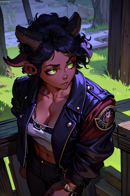 (Masterpiece) (High Detail) (High Res) (Black Skin) Looking from above A young beautiful humanoid FutEred with dark skin and soft detailed face and detailed green eyes and short scruffy black hair and goat ears and short dark goat horns and a toned body and small to average breasts and dressed like a punk wearing a red jacket and black jean pants on