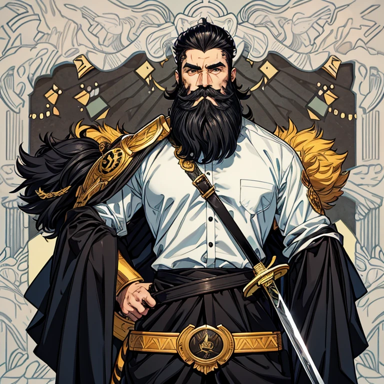 A handsome man with a thick beard and mustache, holding a sword, looks like a tiger his eyes are black and has black hair 