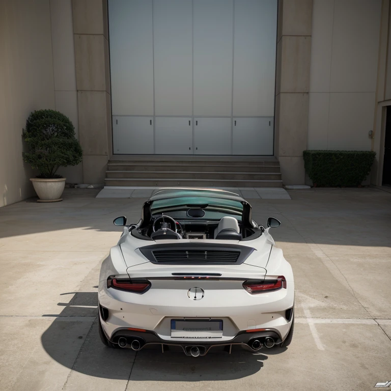 Make a convertible sports car, with retractable airfoil, com a marca dallo, na cor preta e farol auxiliar, V8 biturbo engine located in the rear of the coupe style, rodas na cor bronze, e o escape lateral, e o interior branco
