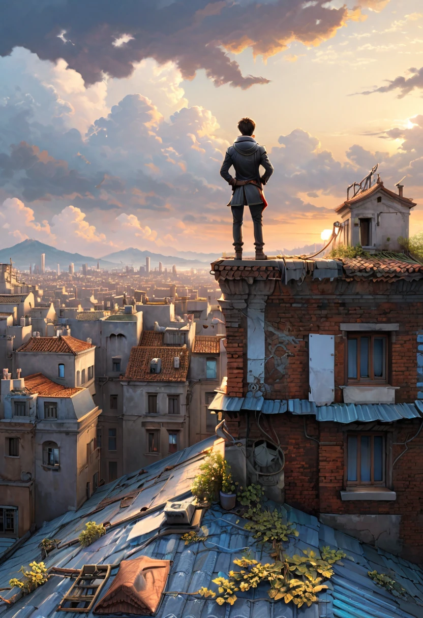 Person Standing on the Rooftop, (masterpiece, best quality, Professional, perfect composition, very aesthetic, absurdres, ultra-detailed, intricate details:1.3)